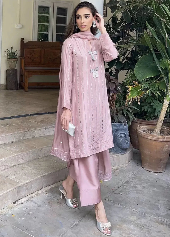 Hues Atelier Pret Embroidered Raw Silk 3 Piece Suit Pink Bows