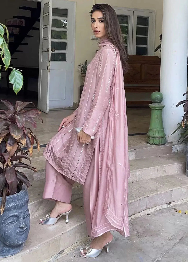 Hues Atelier Pret Embroidered Raw Silk 3 Piece Suit Pink Bows