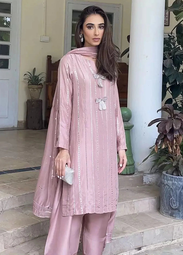 Hues Atelier Pret Embroidered Raw Silk 3 Piece Suit Pink Bows
