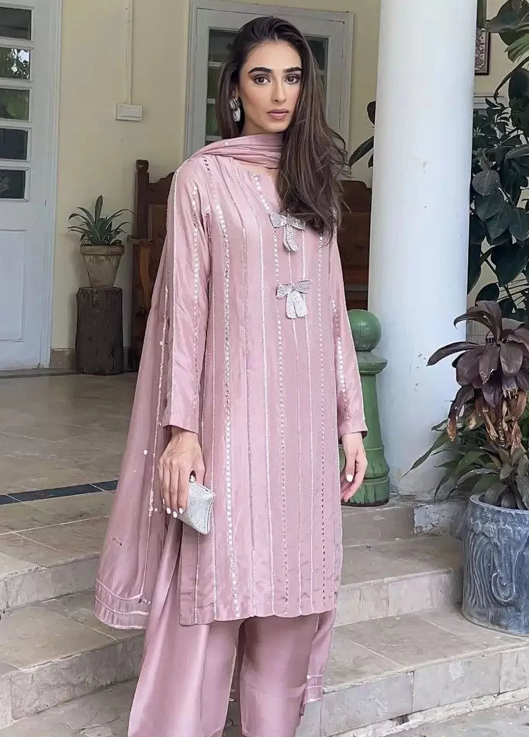 Hues Atelier Pret Embroidered Raw Silk 3 Piece Suit Pink Bows