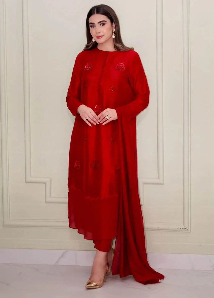 Hues Atelier Pret Embroidered Raw Silk 3 Piece Suit Red Rosette