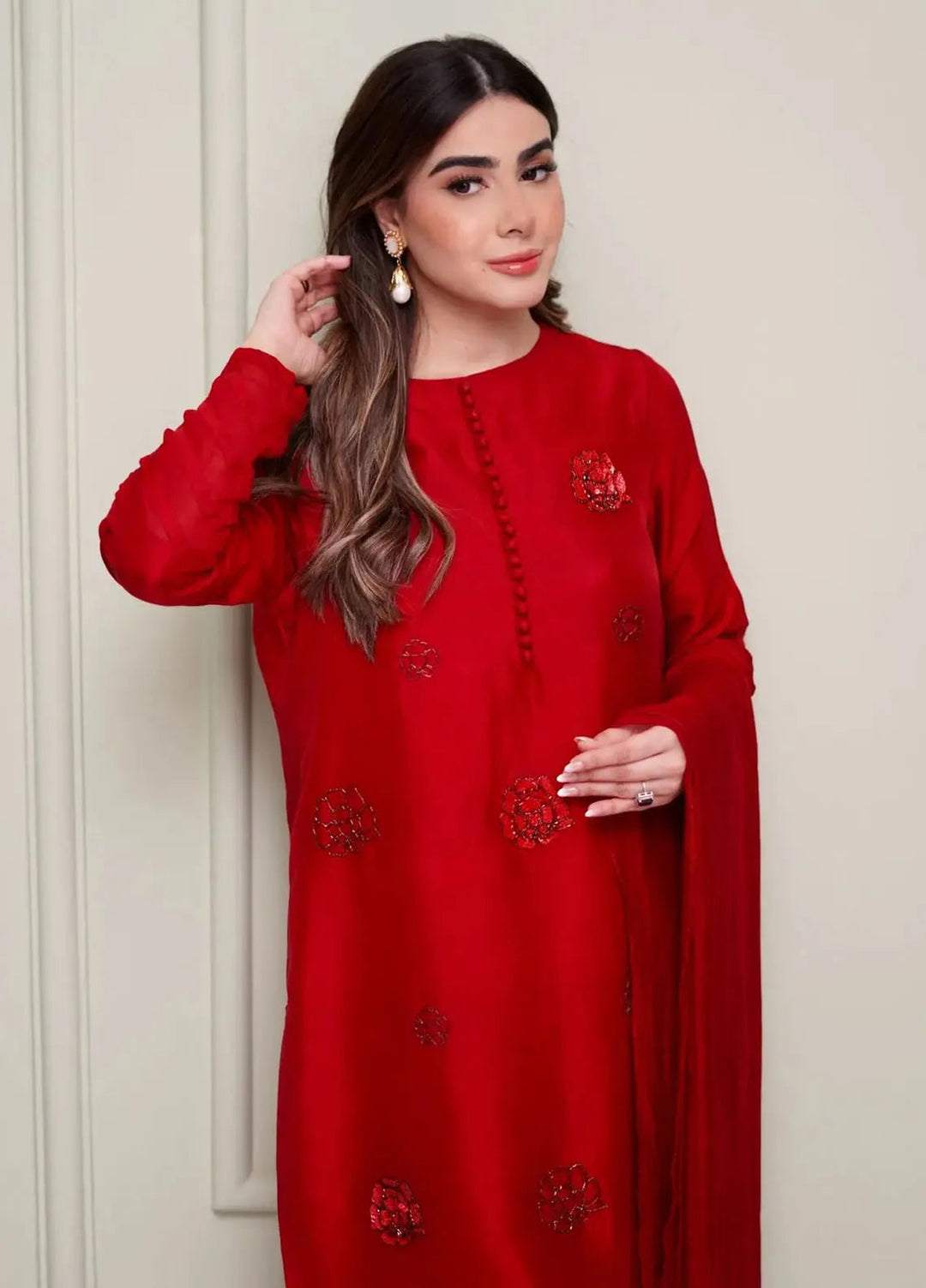 Hues Atelier Pret Embroidered Raw Silk 3 Piece Suit Red Rosette