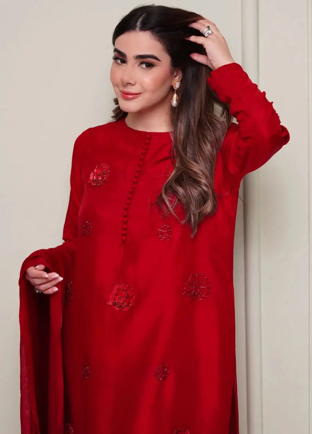 Hues Atelier Pret Embroidered Raw Silk 3 Piece Suit Red Rosette