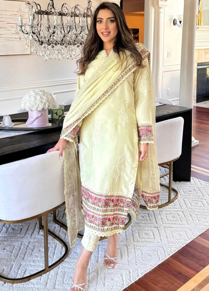 Hues Atelier Pret Embroidered Raw Silk 3 Piece Suit Sira Off White