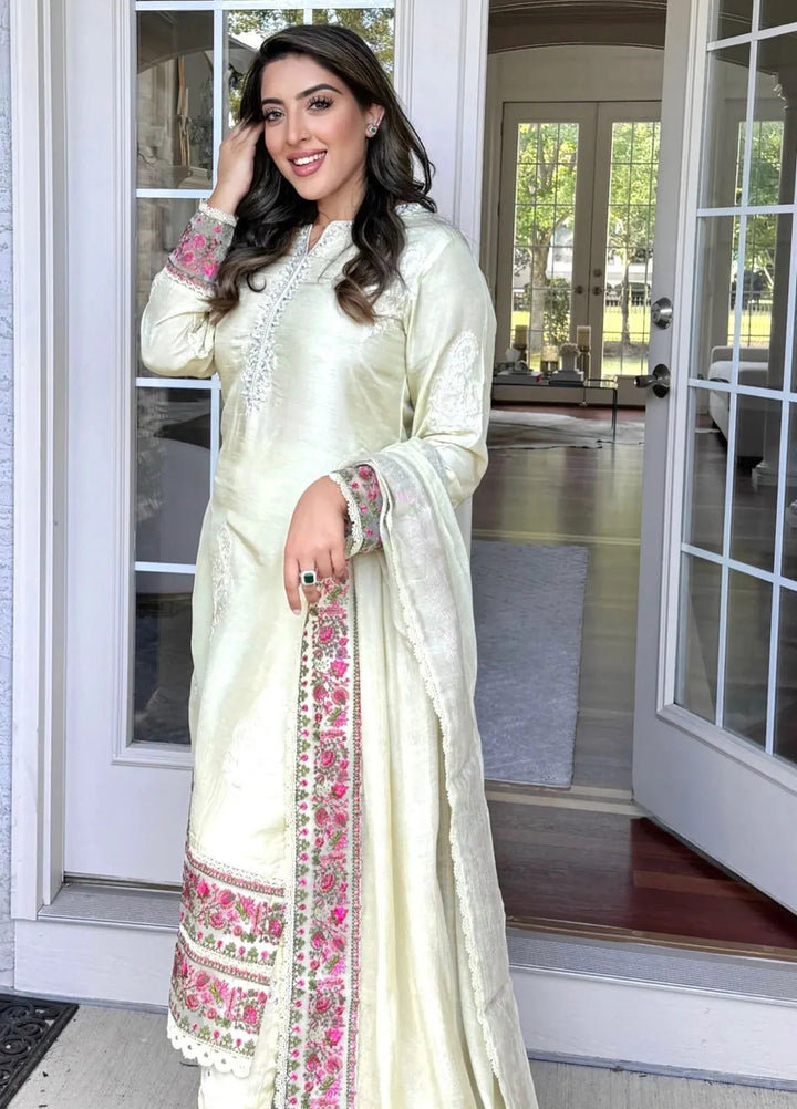 Hues Atelier Pret Embroidered Raw Silk 3 Piece Suit Sira Off White