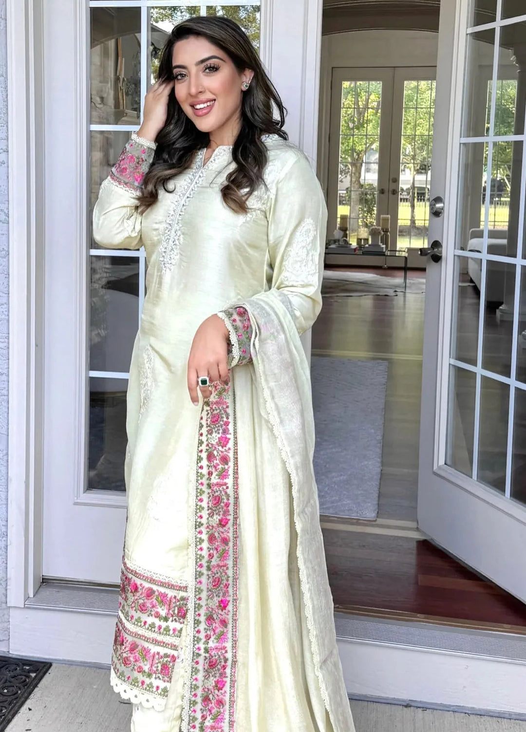 Hues Atelier Pret Embroidered Raw Silk 3 Piece Suit Sira Off White