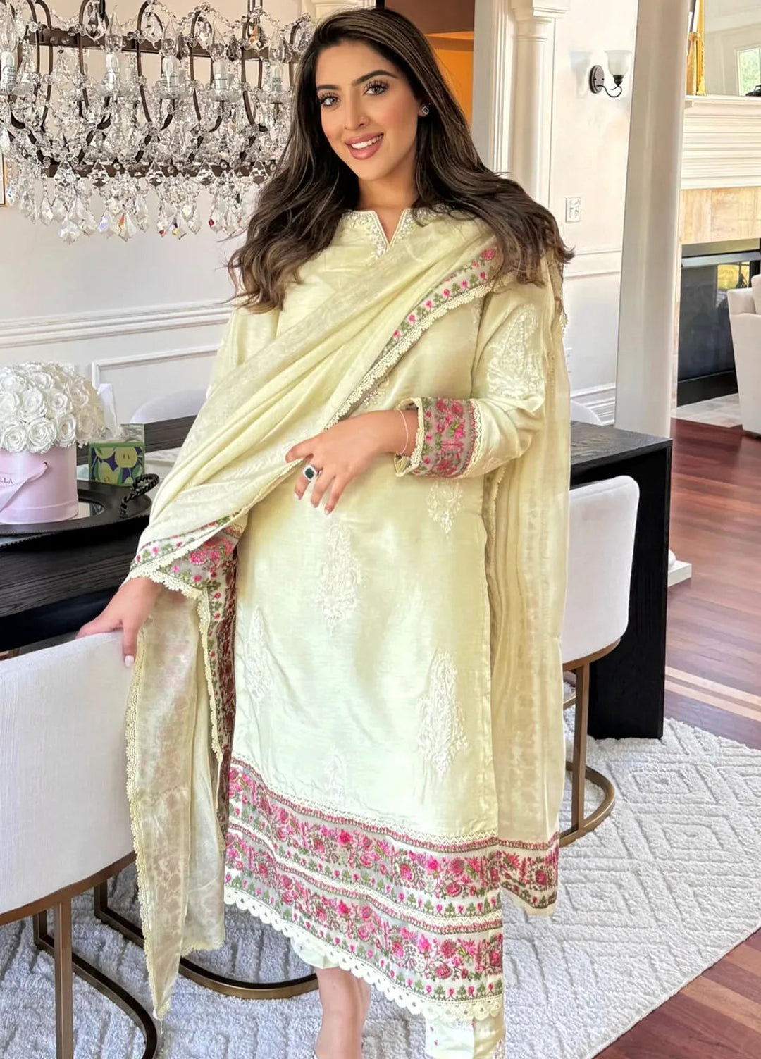 Hues Atelier Pret Embroidered Raw Silk 3 Piece Suit Sira Off White