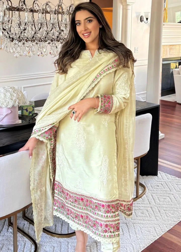 Hues Atelier Pret Embroidered Raw Silk 3 Piece Suit Sira Off White