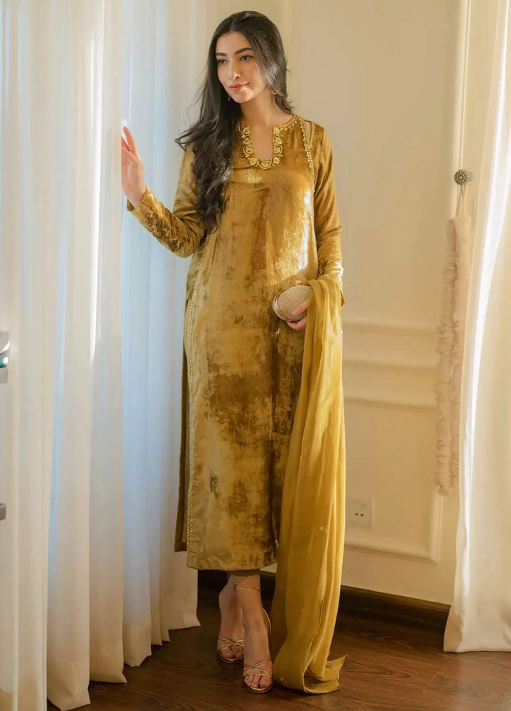 Hues Atelier Pret Embroidered Velvet 3 Piece Suit Goldish Mustard Velvet Fit