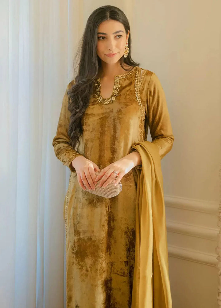 Hues Atelier Pret Embroidered Velvet 3 Piece Suit Goldish Mustard Velvet Fit