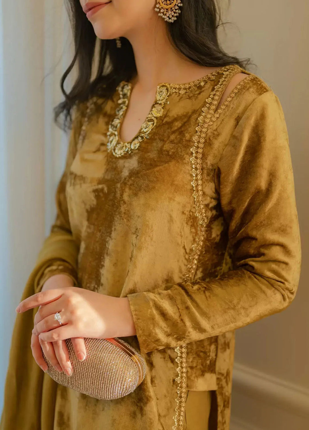 Hues Atelier Pret Embroidered Velvet 3 Piece Suit Goldish Mustard Velvet Fit