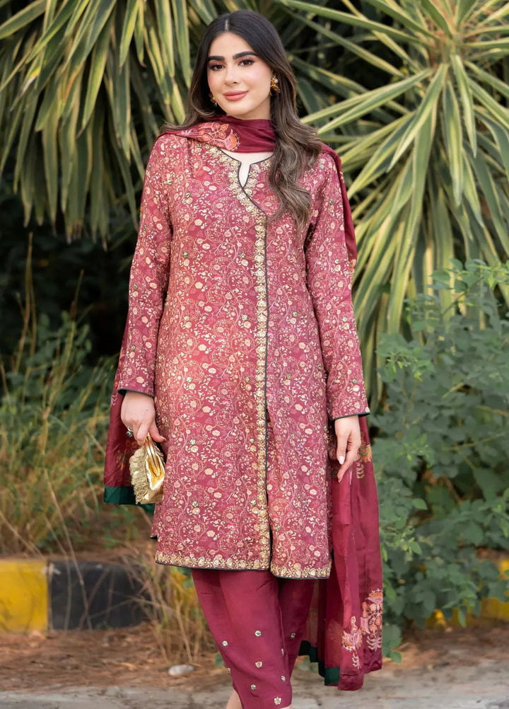 Hues Atelier Pret Printed Korean Raw Silk 3 Piece Suit Deep Maroon