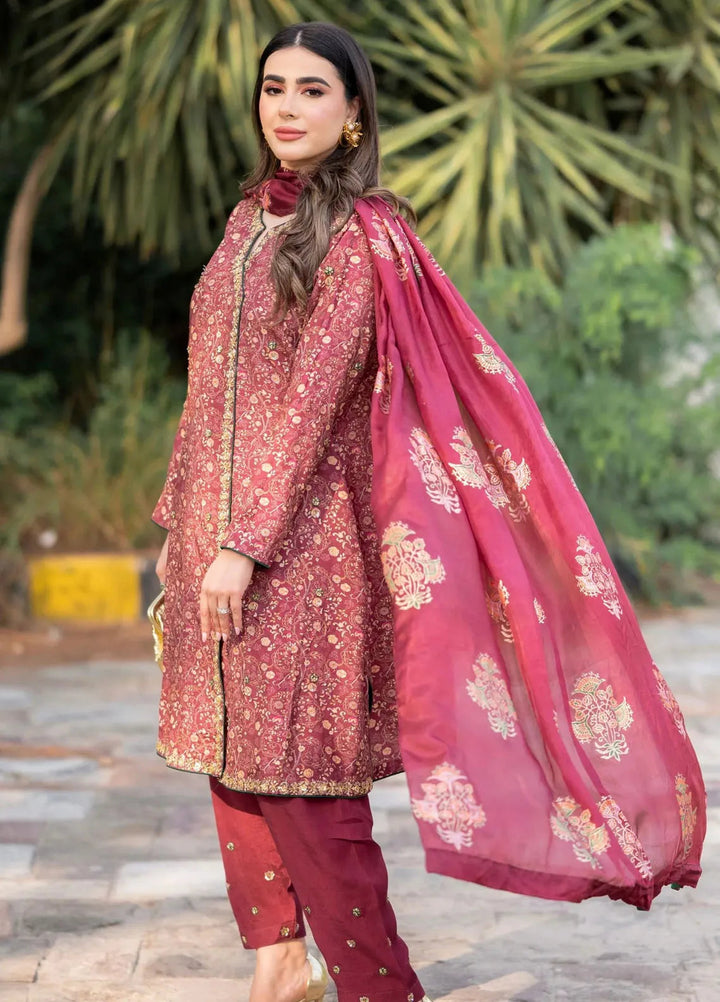 Hues Atelier Pret Printed Korean Raw Silk 3 Piece Suit Deep Maroon