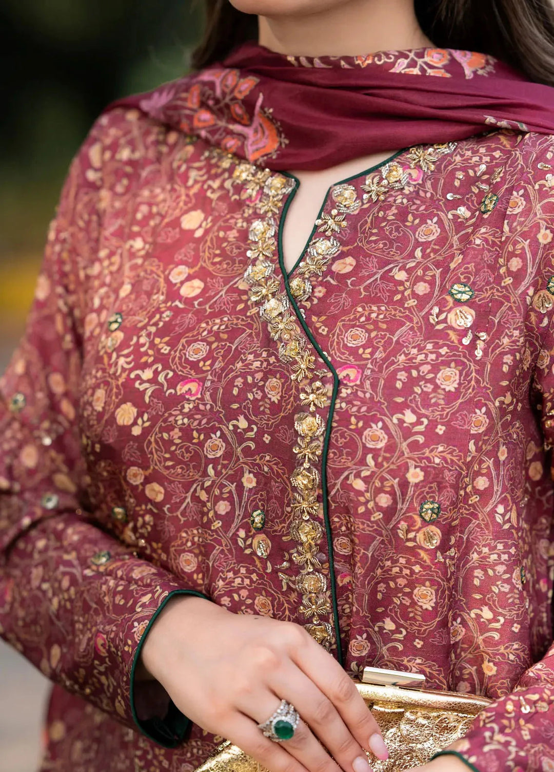 Hues Atelier Pret Printed Korean Raw Silk 3 Piece Suit Deep Maroon