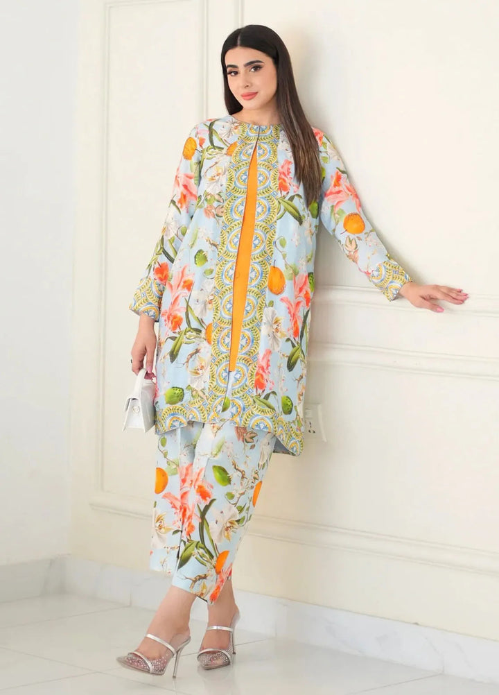 Hues Atelier Pret Printed Raw Silk 2 Piece Suit Ice Blue Cord Set