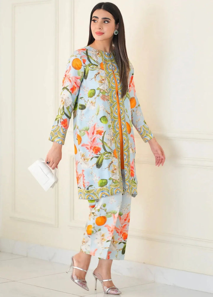 Hues Atelier Pret Printed Raw Silk 2 Piece Suit Ice Blue Cord Set