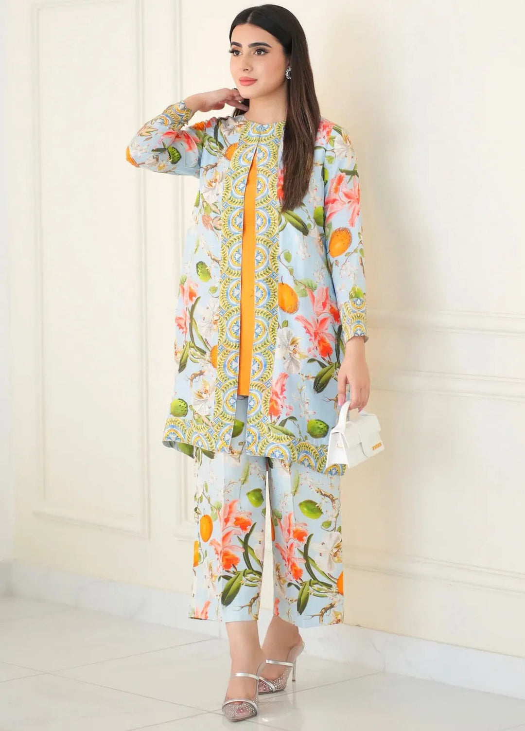 Hues Atelier Pret Printed Raw Silk 2 Piece Suit Ice Blue Cord Set