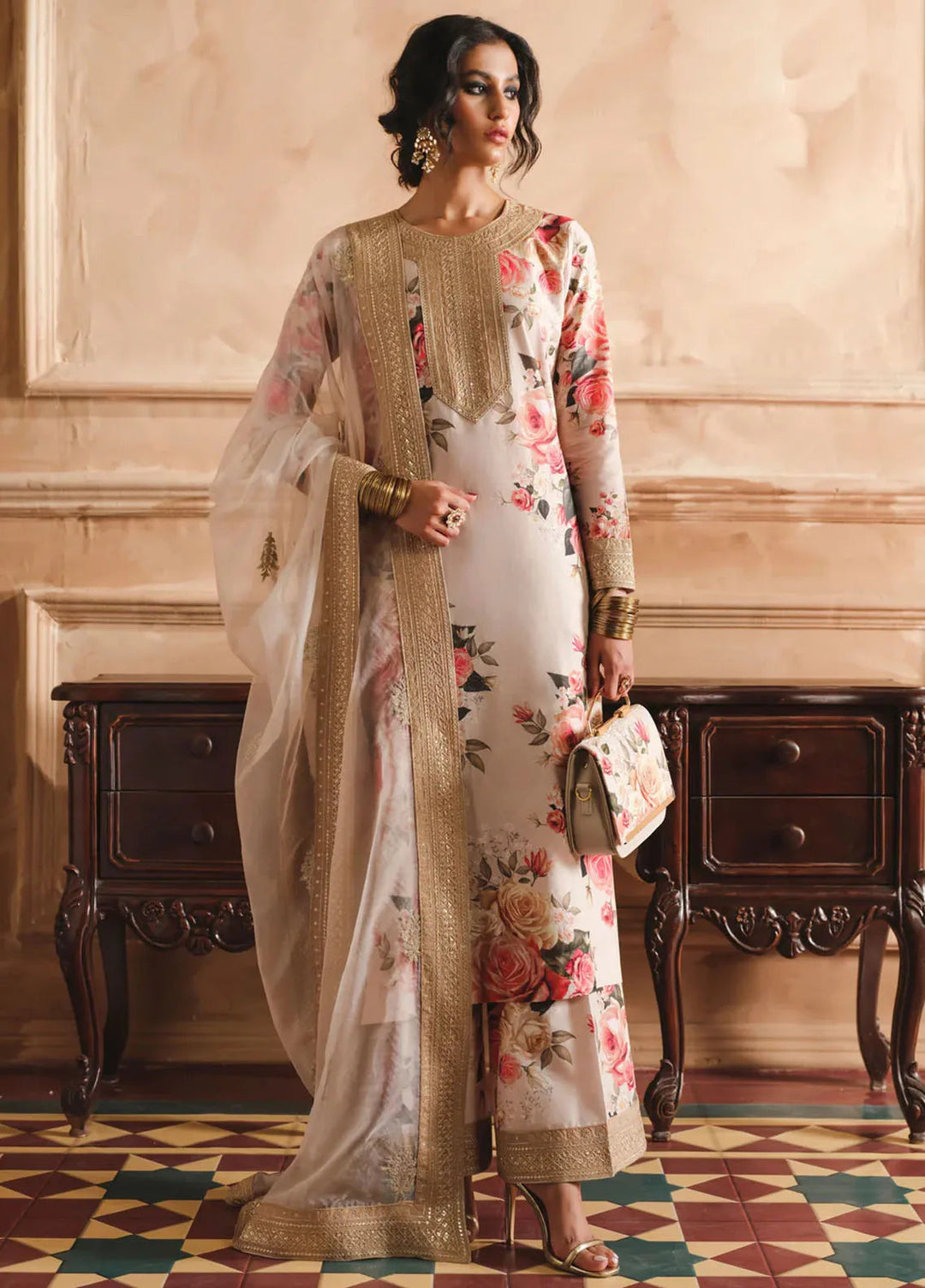 Humjoli Pret Embroidered Lawn 3 Piece Suit Beige Rose
