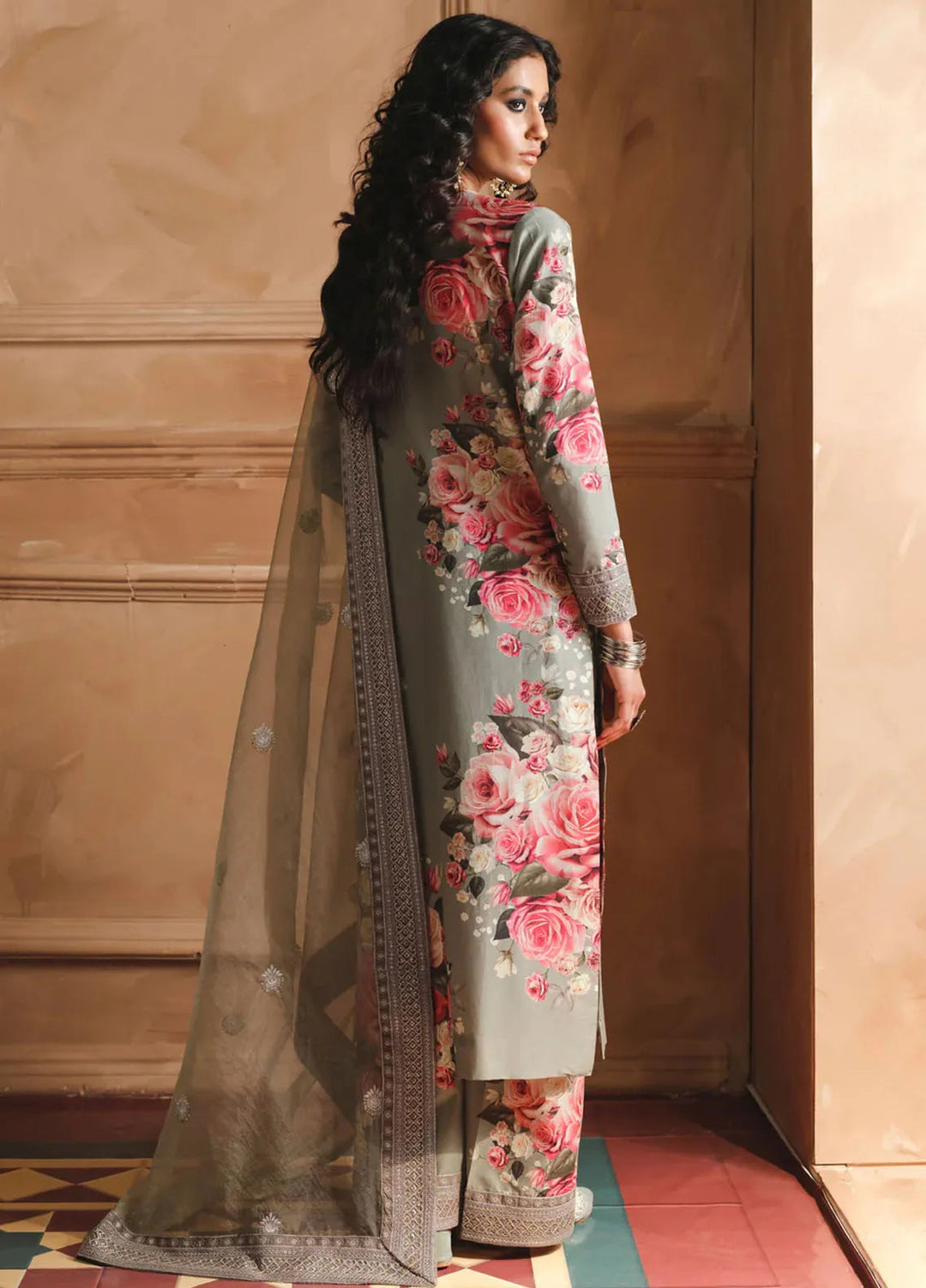 Humjoli Pret Embroidered Lawn 3 Piece Suit Olive Tree