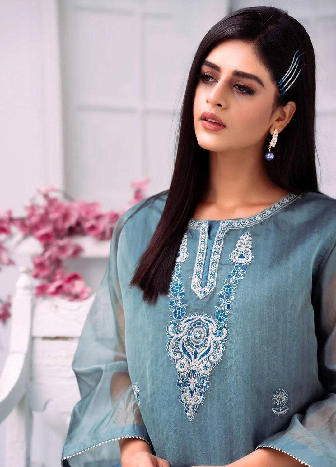 PSK Couture Pret Embroidered Tissue 4 Piece Suit SKY FALL