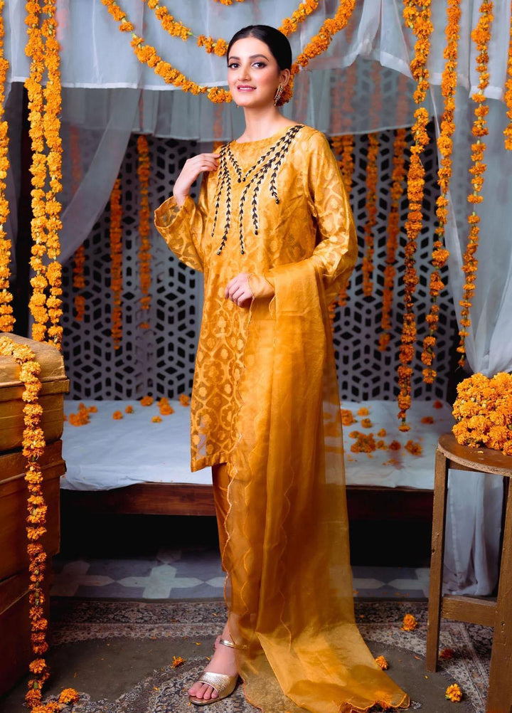 PSK Couture Pret Embroidered Tissue 4 Piece Suit SUNSHINE