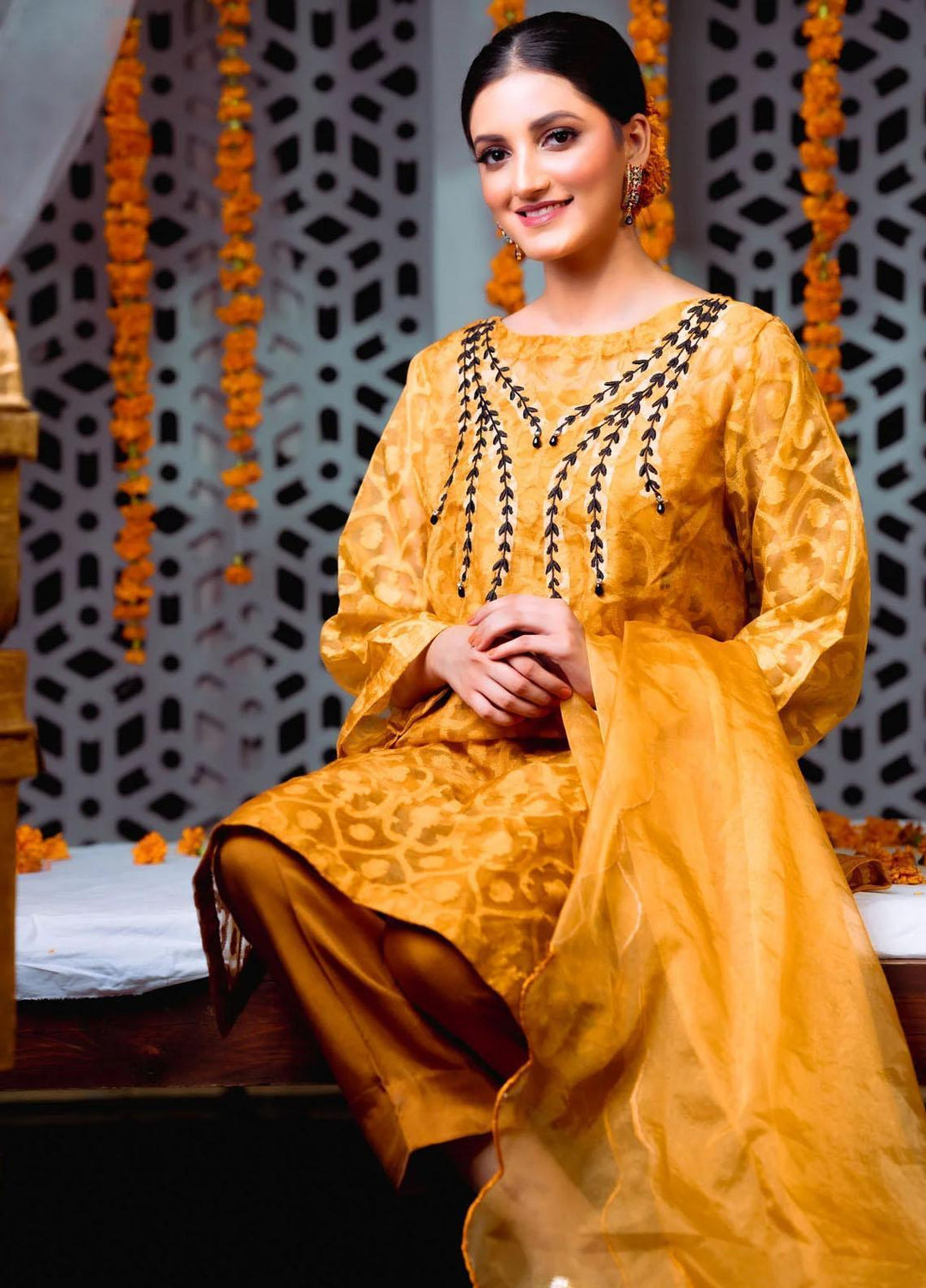 PSK Couture Pret Embroidered Tissue 4 Piece Suit SUNSHINE