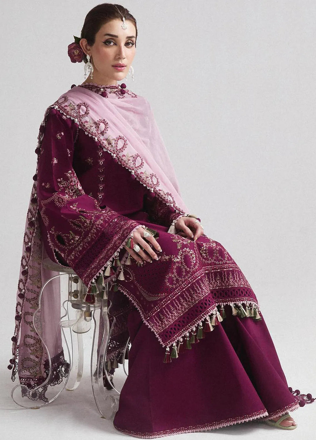 Hussain Rehar Embroidered Lawn Suit Unstitched 3 Piece HRRS24E Sangria - Festive Collection