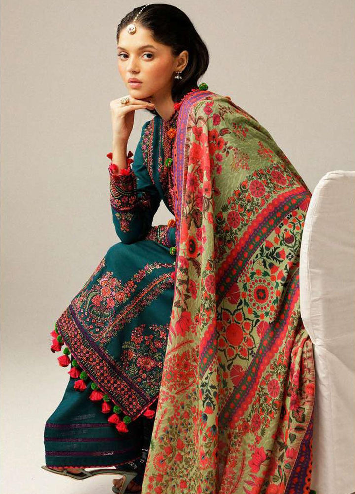 Hussain Rehar Embroidered Khaddar Suits Unstitched 3 Piece HRR23WU Teal - Winter Collection