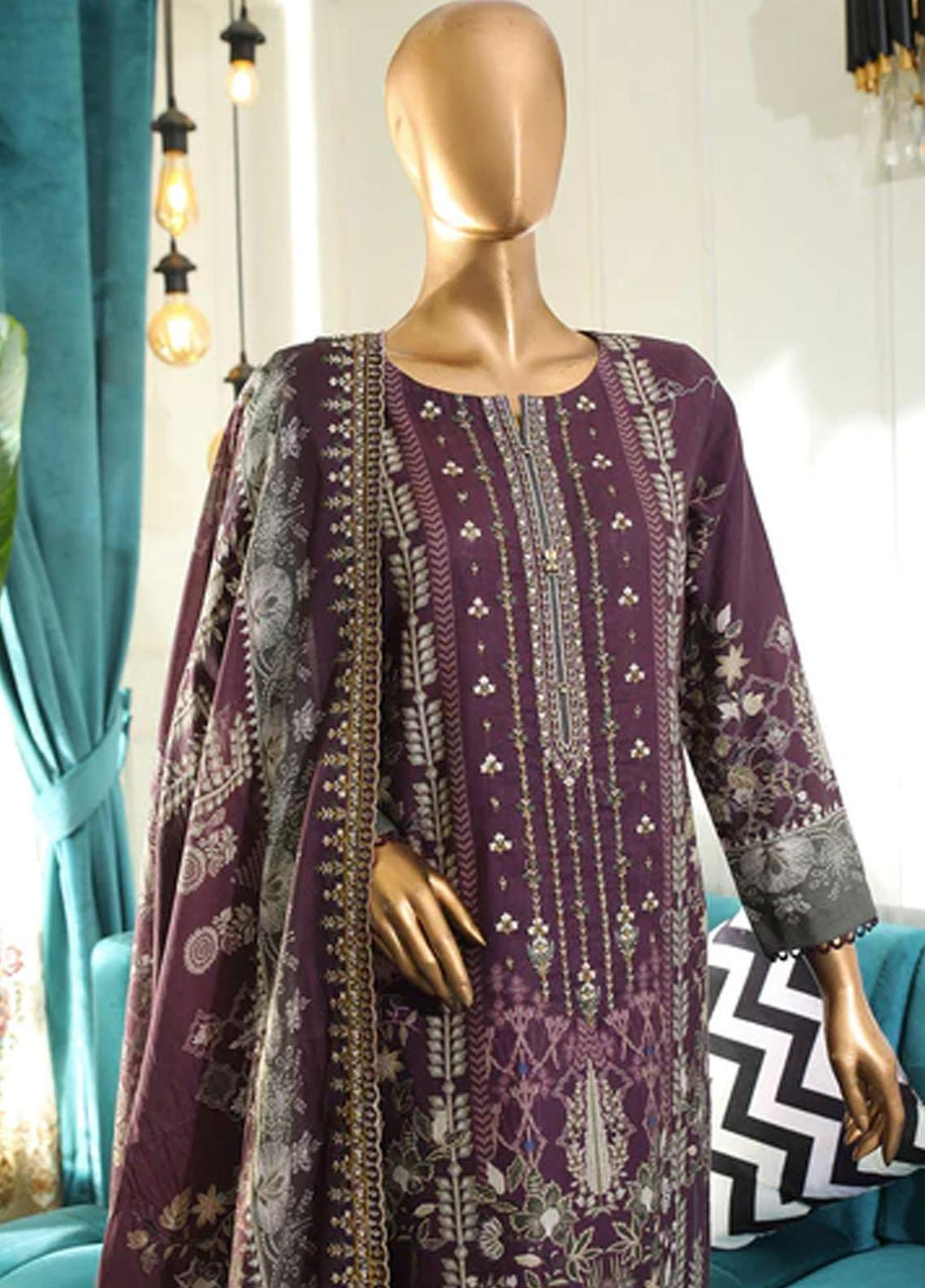 HZ Textiles Embroidered Cotton Suits Unstitched 3 Piece HZ22DKC DKC-1195-A - Winter Collection