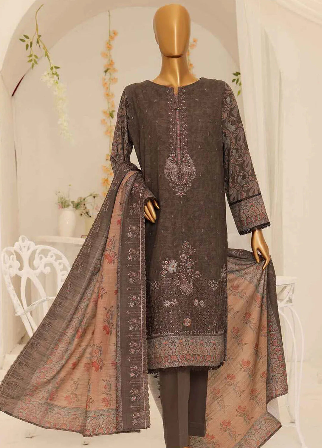 Hz Textiles Embroidered Khaddar Suit Unstitched 3 Piece HZ24K PKE-08 - Winter Collection