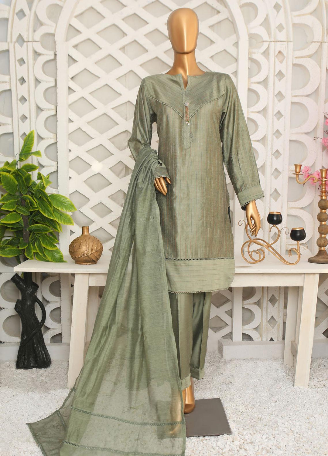 HZ Textiles Casual Pret  Yarn 3 Piece Suit 2B Pistachio