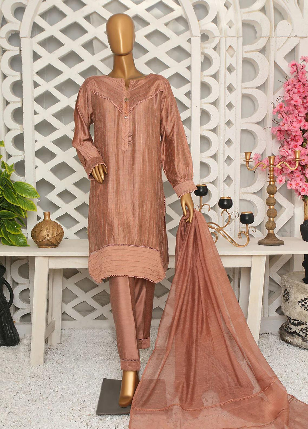 HZ Textiles Casual Pret  Yarn 3 Piece Suit 2A Tea Pink