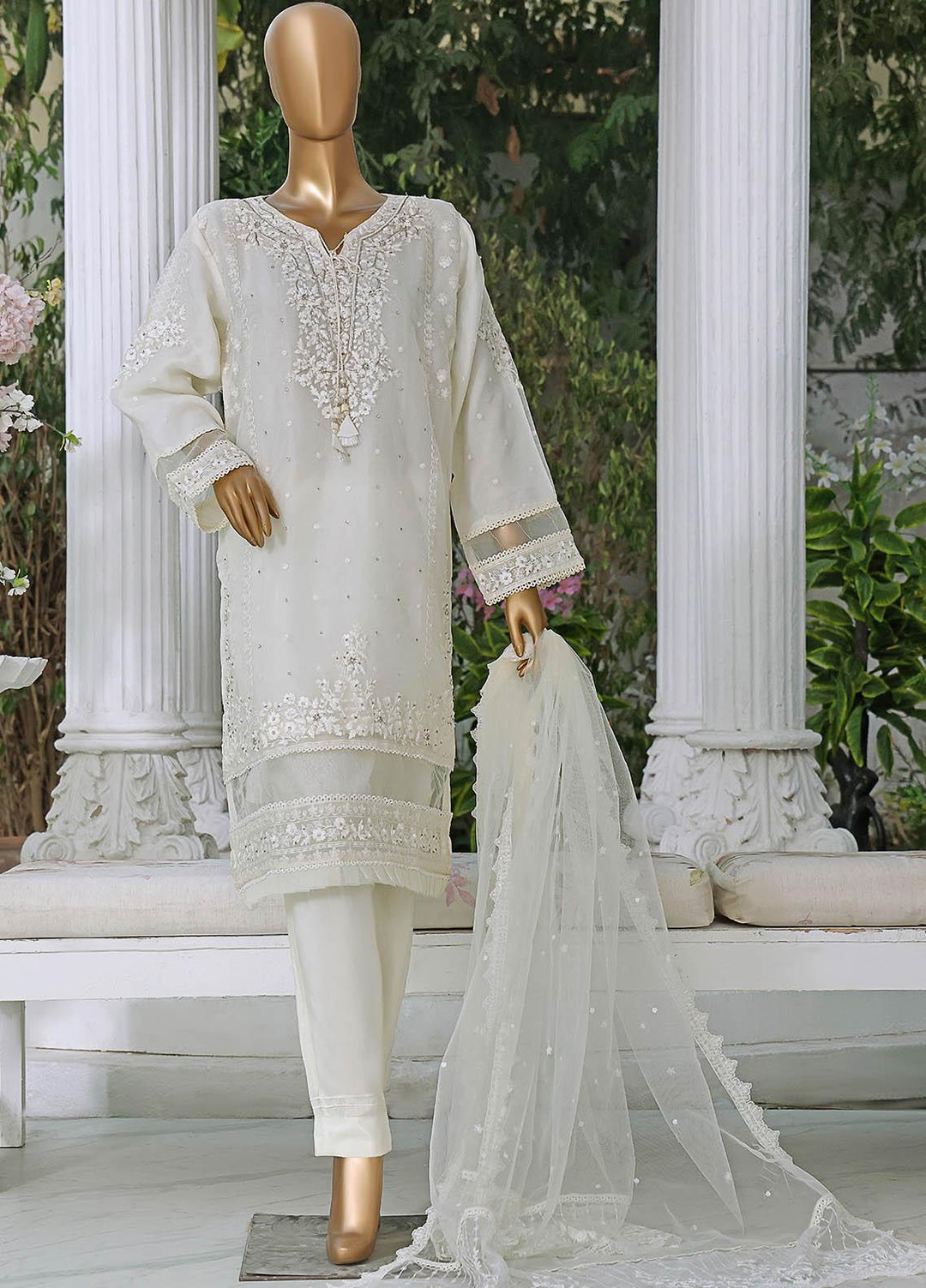 HZ Textiles Pret  Organza 2 Piece Suit HZK-054 WHITE