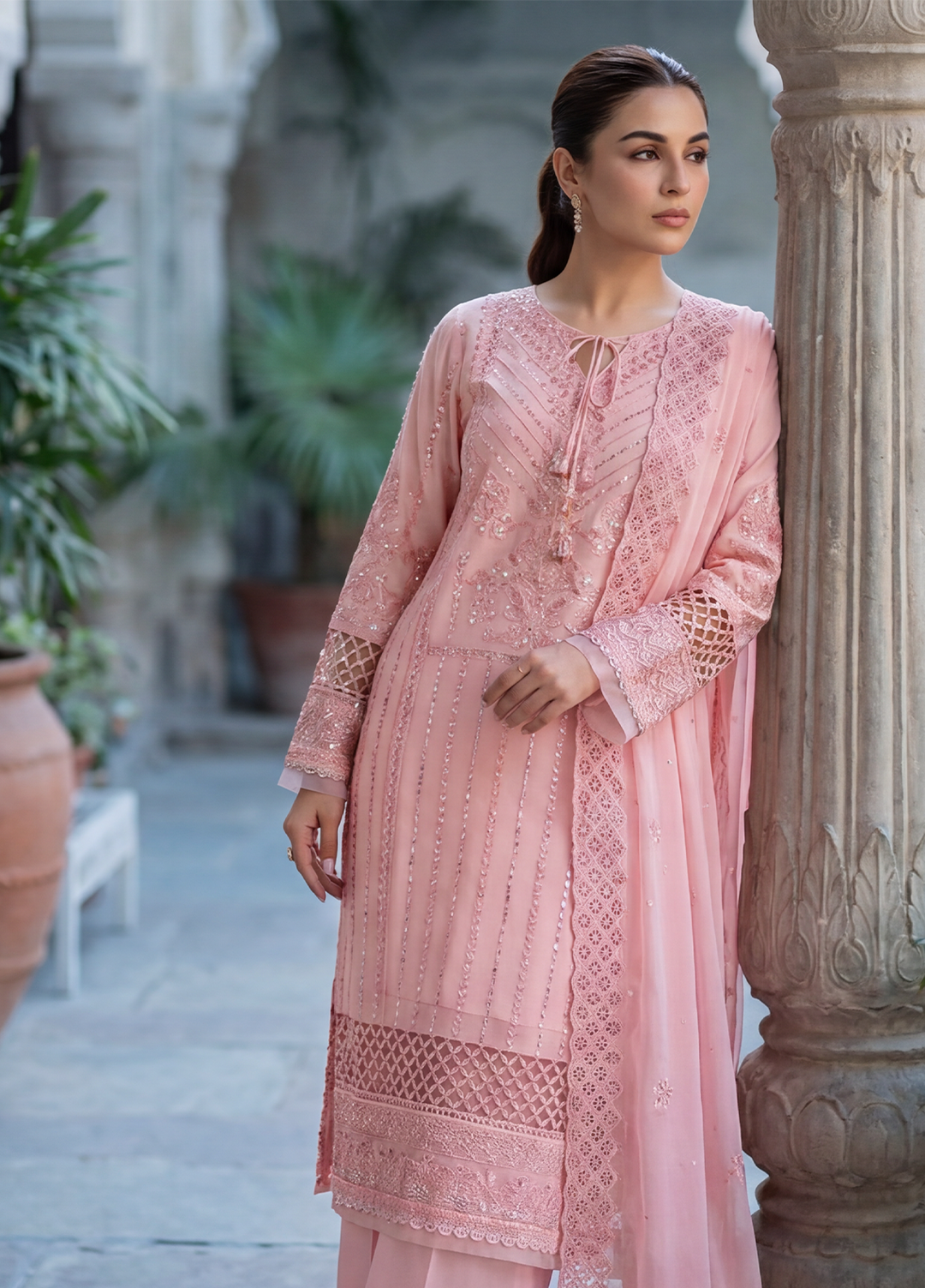 Fasane by HZ Textiles RTW Embroidered Chiffon 3 Piece Suit HZ26UCF HZK-241 Pink - Festive Collection
