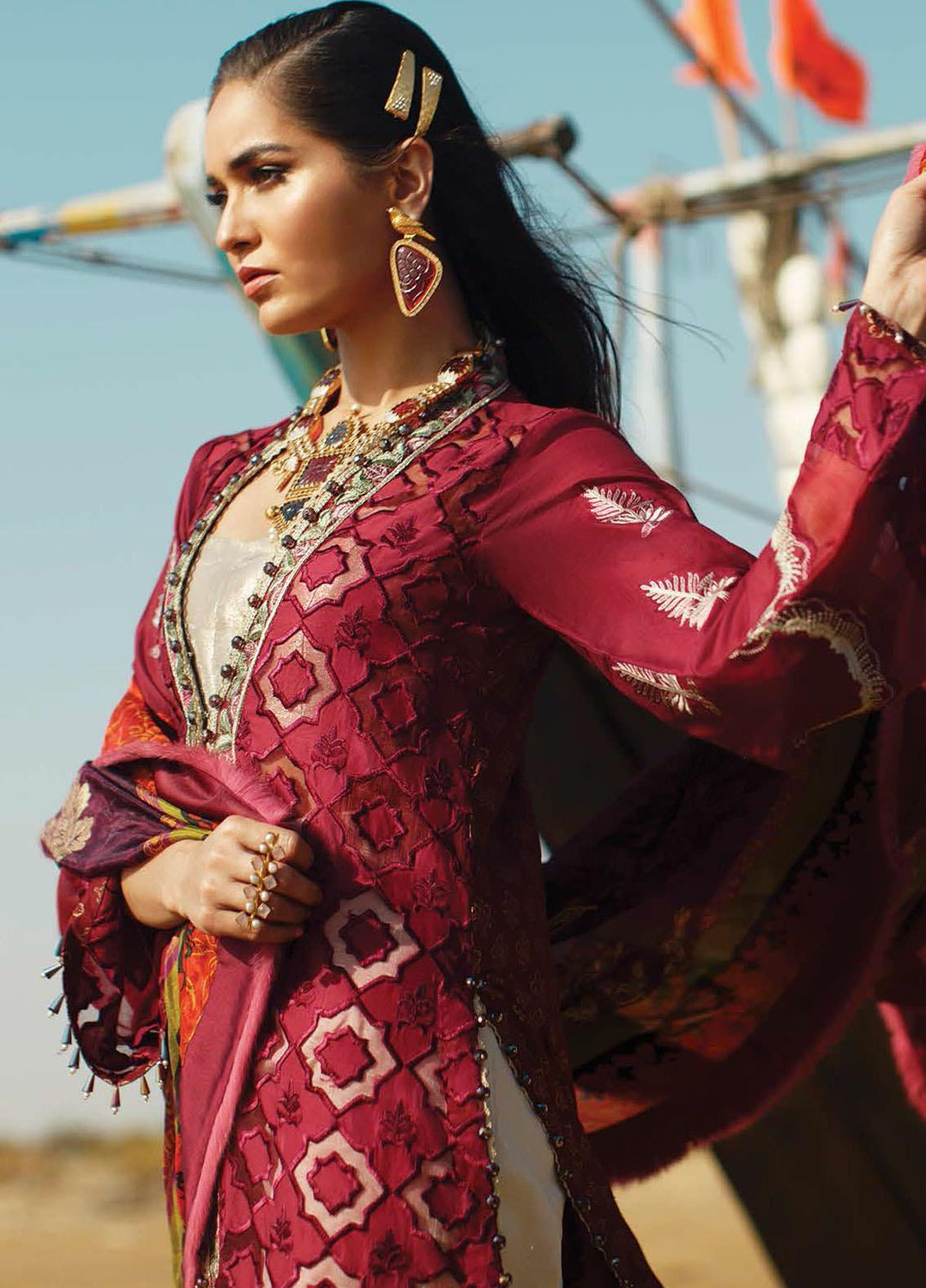 ILAHA Embroidered Lawn Suits Unstitched 3 Piece ILH21L IL004-Kirmizi - Luxury Collection