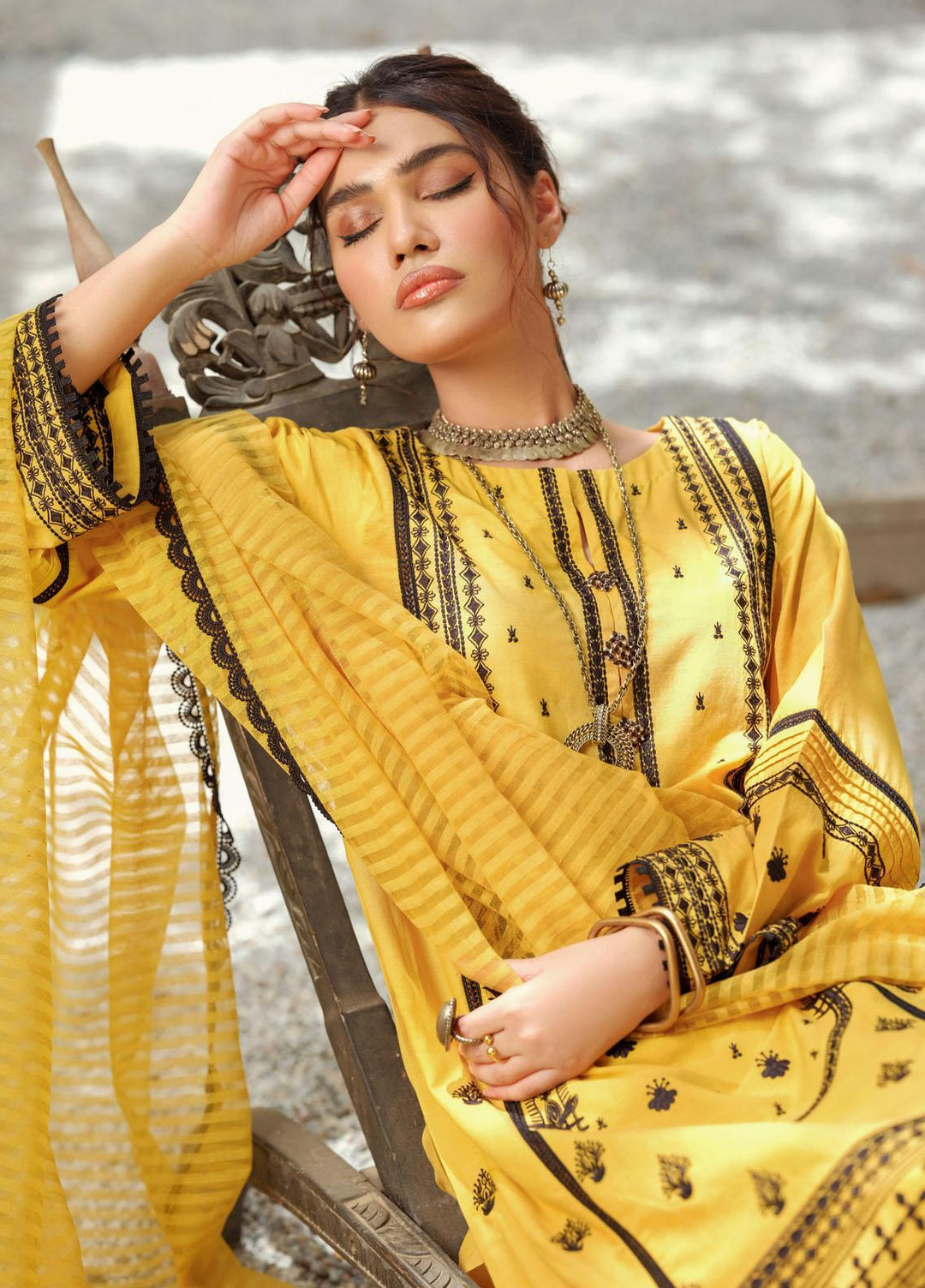 ILAHA Ready to Wear  Lawn 3 Piece Dress Mustard D-02