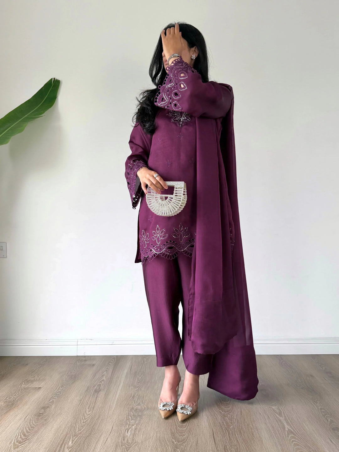 Scherezade Women RTW Embroidered Sheesha Silk 3 Piece Suit CADBERRY - Festive Collection