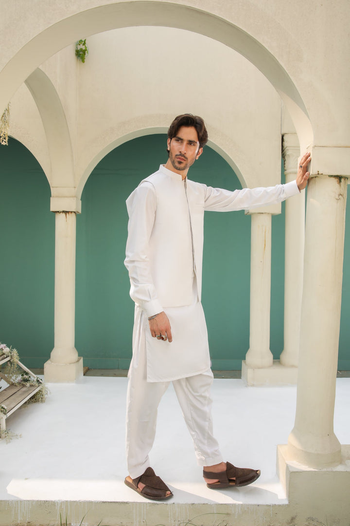 Muraqsh Ready To Wear Solids Cotton Men Off White Blended Waistcoat Straigth Cut MUR-OWCKW-WC - Summer Collection