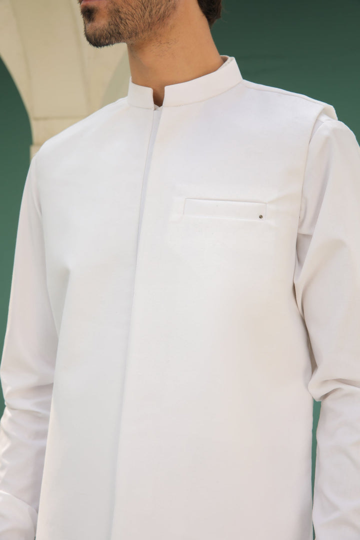 Muraqsh Ready To Wear Solids Cotton Men Off White Kameez Shalwar with Blended Waistcoat MUR-OWKSW - Summer Collection