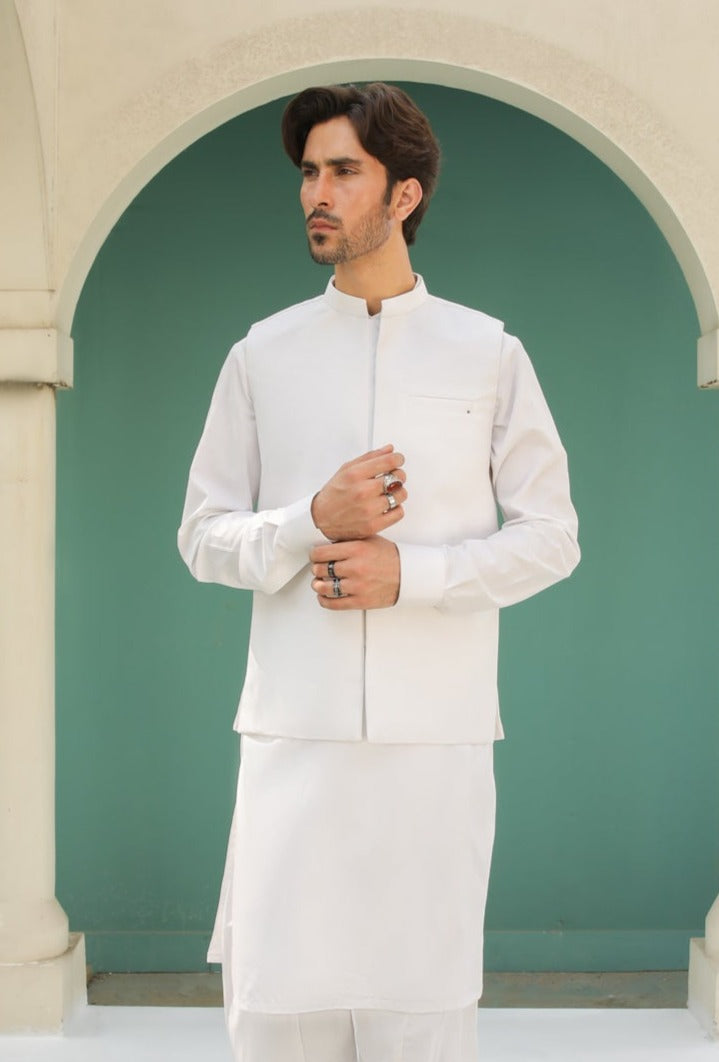 Muraqsh Ready To Wear Solids Cotton Men Off White Kameez Shalwar with Blended Waistcoat MUR-OWKSW - Summer Collection