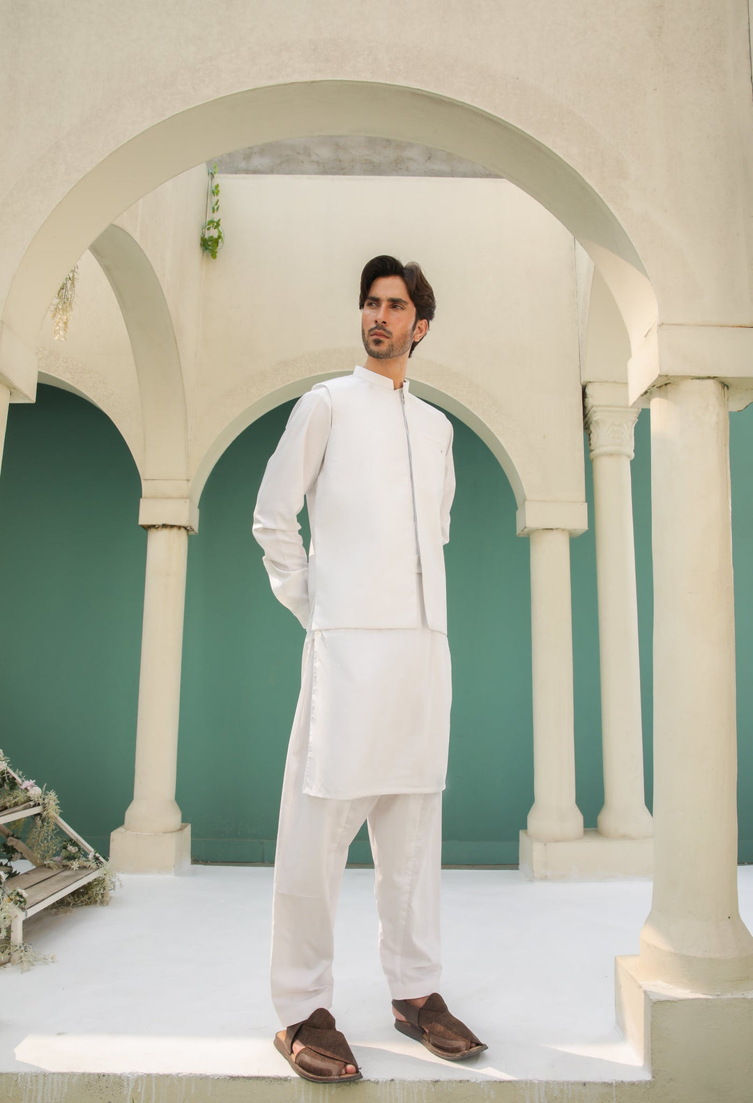 Muraqsh Ready To Wear Solids Cotton Men Off White Kameez Shalwar with Blended Waistcoat MUR-OWKSW - Summer Collection