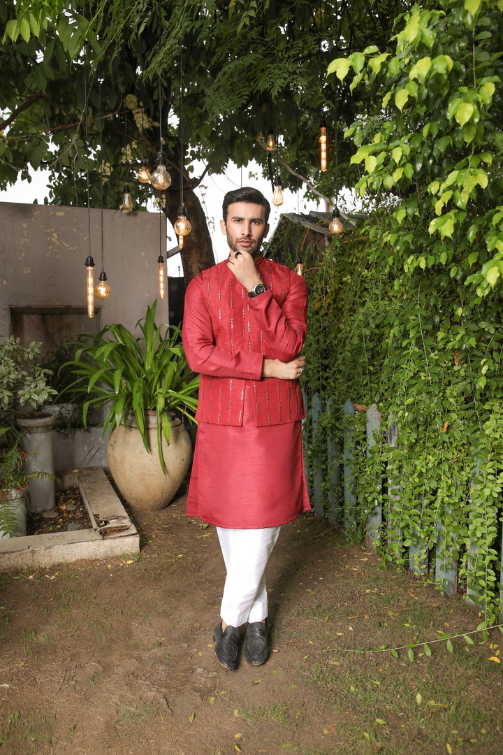 Muraqsh Ready To Wear Solids Silk Men Raw Silk Kurta Trouser AA-RSKT-BW - Winter Collection