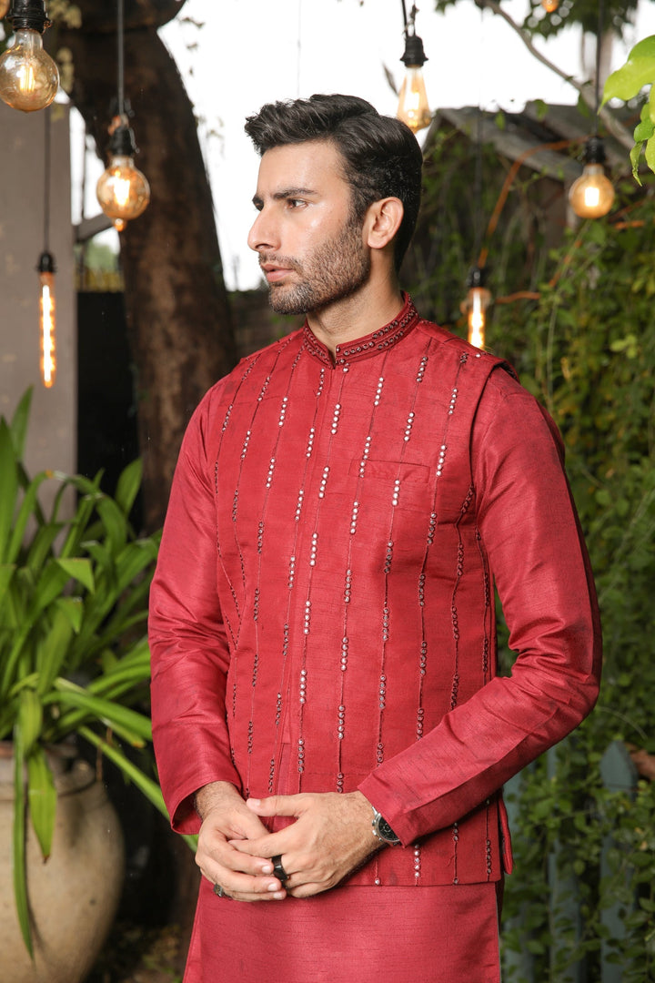 Muraqsh Ready To Wear  Cotton Men Maroon Kurta Trouser with Panni Embroidered Waistcoat MURPE-W - Summer Collection