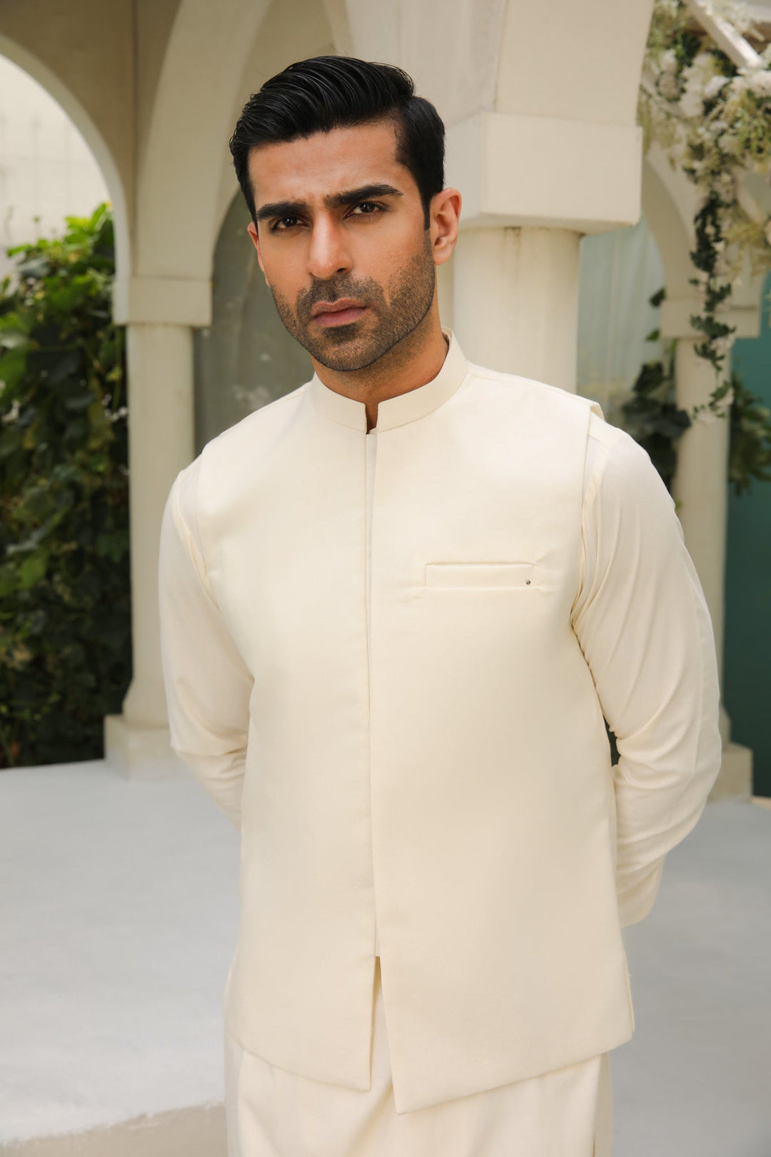 Muraqsh Ready To Wear Solids  Men Bosky White Kameez Shalwar with Blended Waistcoat MUR-BWKSW - Summer Collection