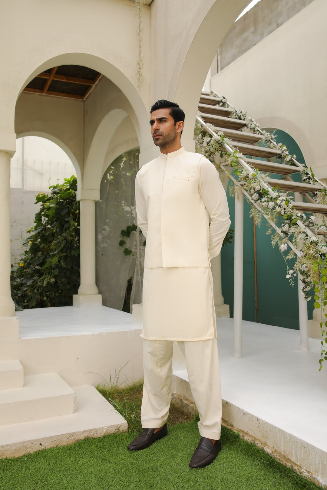 Muraqsh Ready To Wear Solids  Men Bosky White Kameez Shalwar with Blended Waistcoat MUR-BWKSW - Summer Collection