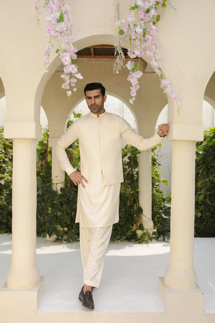 Muraqsh Ready To Wear Solids  Men Bosky White Kameez Shalwar with Blended Waistcoat MUR-BWKSW - Summer Collection