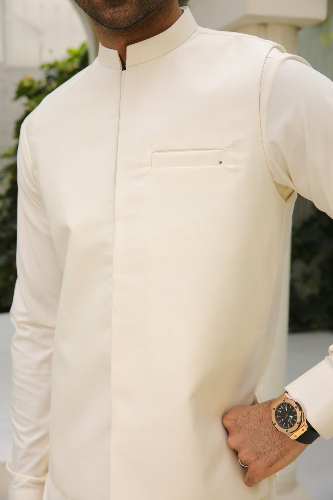 Muraqsh Ready To Wear Solids  Men Bosky White Kameez Shalwar with Blended Waistcoat MUR-BWKSW - Summer Collection
