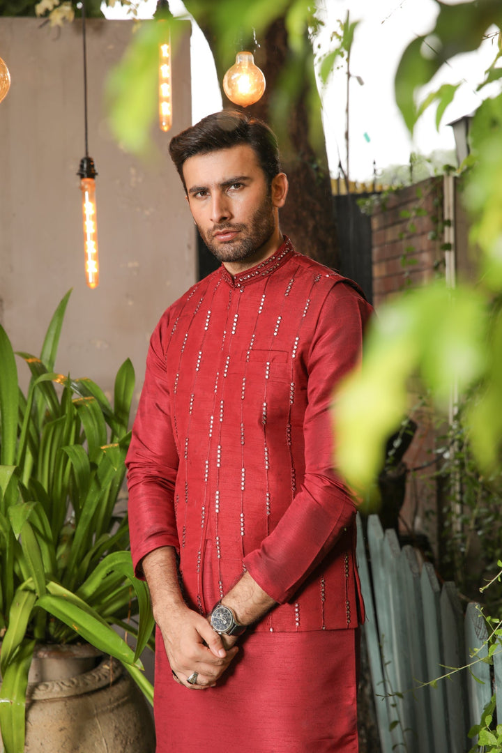 Muraqsh Ready To Wear  Cotton Men Maroon Kurta Trouser with Panni Embroidered Waistcoat MURPE-W - Summer Collection