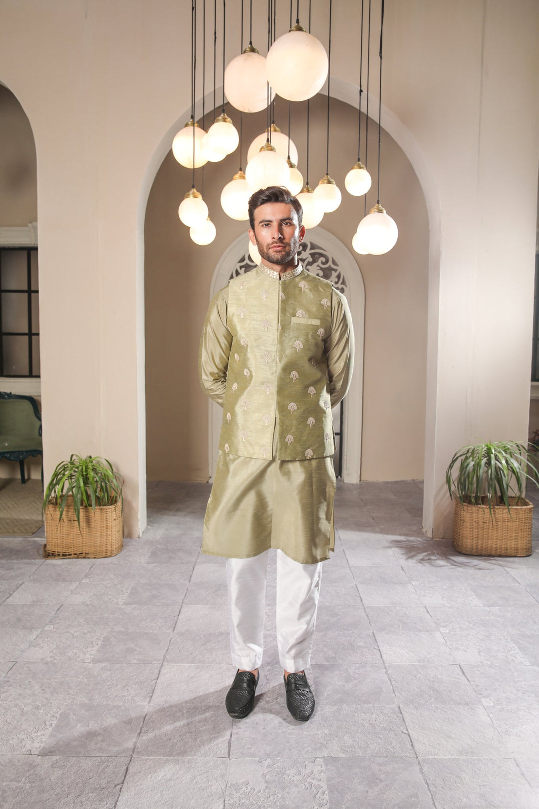 Muraqsh Ready To Wear  Cotton Men Pista Kurta Trouser with Embroidered Waistcoat MUR-PE-WS - Summer Collection