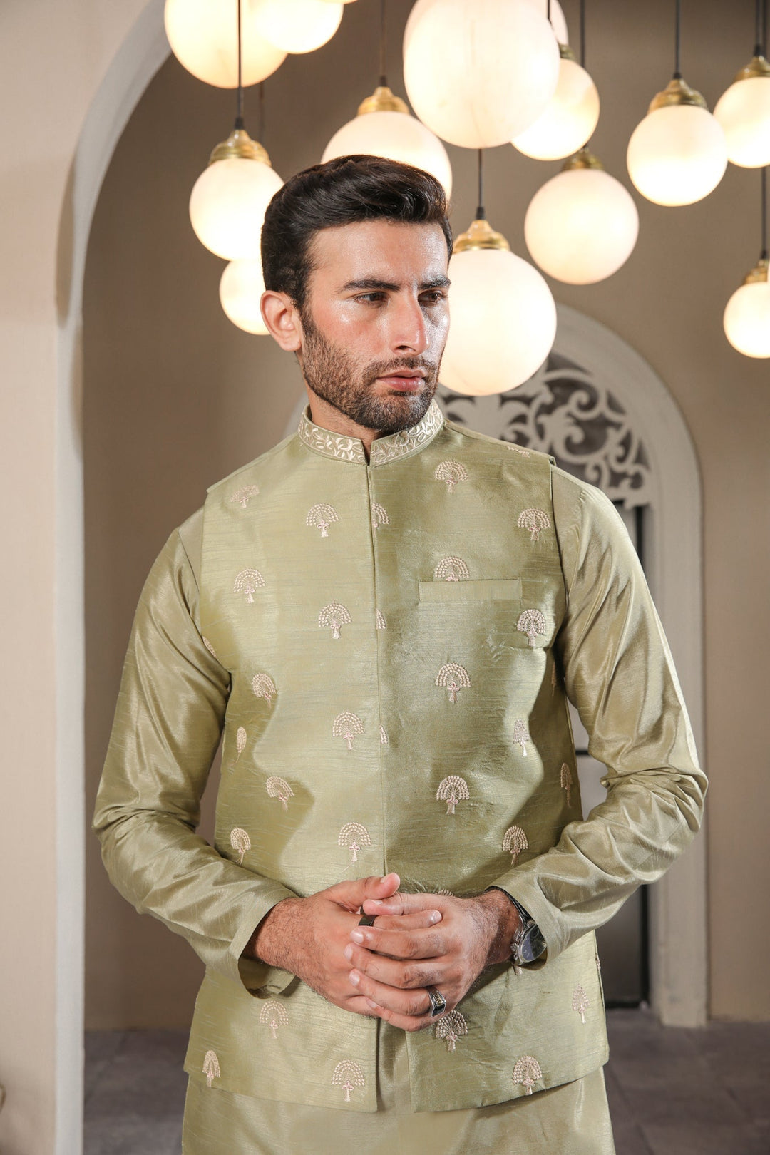 Muraqsh Ready To Wear  Cotton Men Pista Kurta Trouser with Embroidered Waistcoat MUR-PE-WS - Summer Collection